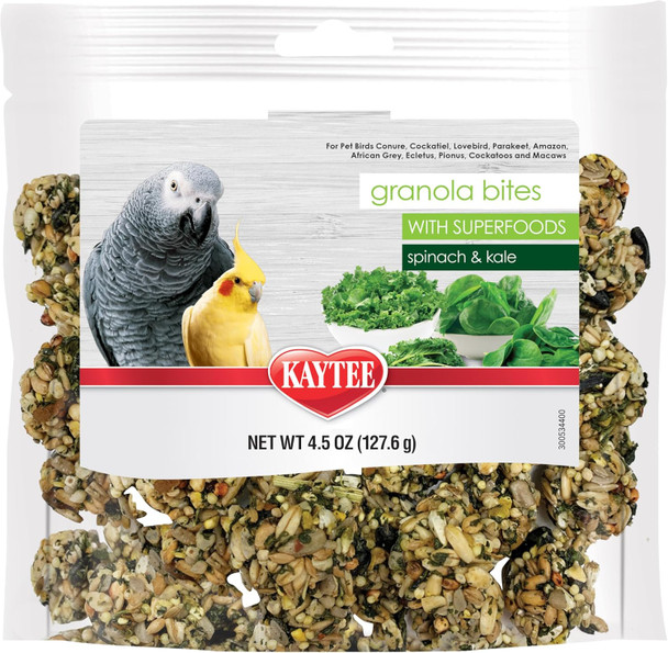 Kaytee Granola Bites With Super Foods Spinach And Kale For Pet Birds, Conure, Cockatiel, Lovebird, Parakeet, , African Grey, Ecletus, Pionus, Cockatoos And Macaws, 4.50 Ounce (Pack Of 1)