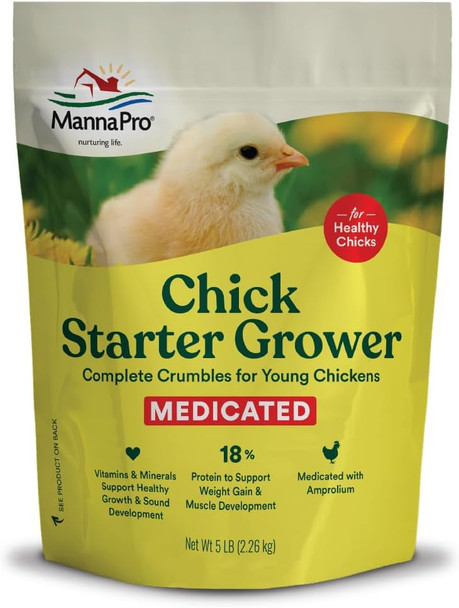 Manna Pro Chick Starter Grower - Medicated Chick Feed Crumble For Young Chickens - Formulated With Amprolium - 5 Lbs