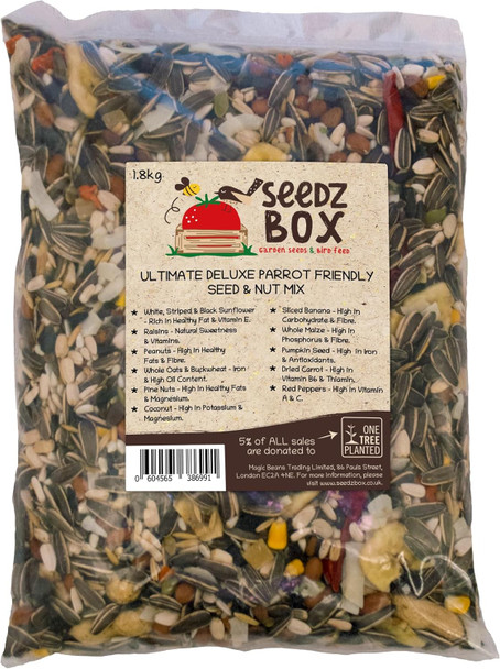 Parrot Food 1.8Kg - Seed And Nut Mix Feed Seedzbox - Natural Healthy Pet Treats And Snacks - Banana Pumpkin Seeds Peanuts Whole Oats - Fats And Fibre
