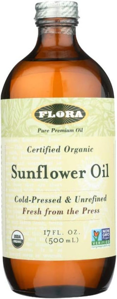 Flora Organic Sunflower Oil - Cold Pressed & Unrefined 17 Oz - Great For Skin, Cooking & More - Pure Non-Gmo