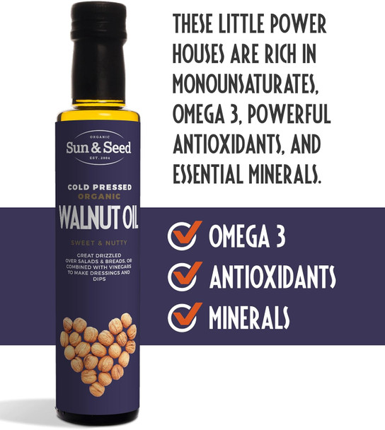 Organic Walnut Oil (Cold Pressed) By Sun & Seed - 250Ml - Made From 100% Organic Walnuts - Great Source Of Omega-3 - Vegan Friendly - Pure & Refined Organic Walnut Oil (Cold Pressed) By Sun & Seed - 250Ml - Made From 100% Organic Walnuts - Great Source Of Omega-3 - Vegan Friendly - Pure & Refined