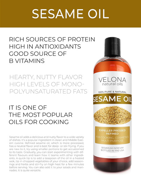 Velona Sesame Seed Oil 16 Oz 100% Pure And Natural Carrier Oil Refined, Expeller Pressed Cooking, Skin, Hair, Body & Face Moisturizing Use Today - Enjoy Results