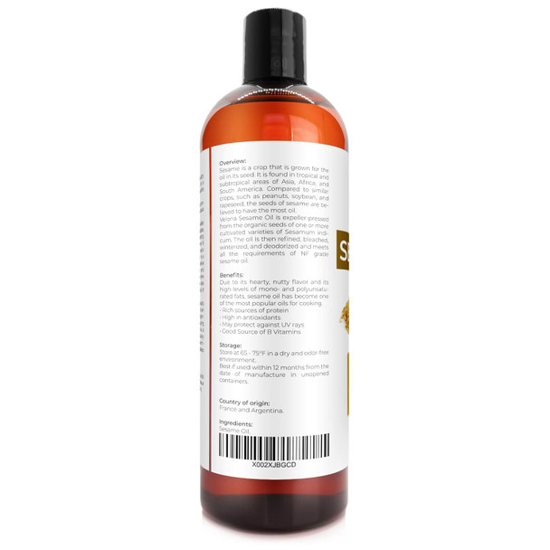Velona Sesame Seed Oil 16 Oz 100% Pure And Natural Carrier Oil Refined, Expeller Pressed Cooking, Skin, Hair, Body & Face Moisturizing Use Today - Enjoy Results