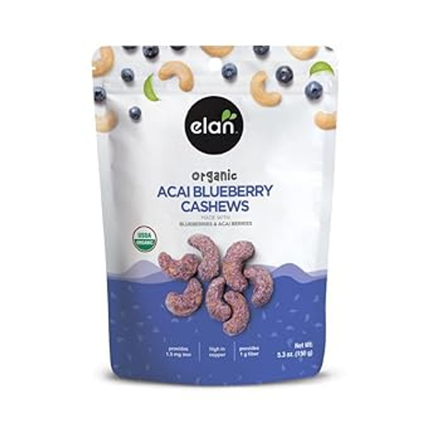 Elan Organic Acai Blueberry Cashews, Non-Gmo, Vegan, Gluten-, Kosher, Glazed Nuts (Roasted Cashews, Acai Berry Powder, Blueberry Juice Powder), Superfood Infused Nuts, 8 Pack Of 5.3 Oz