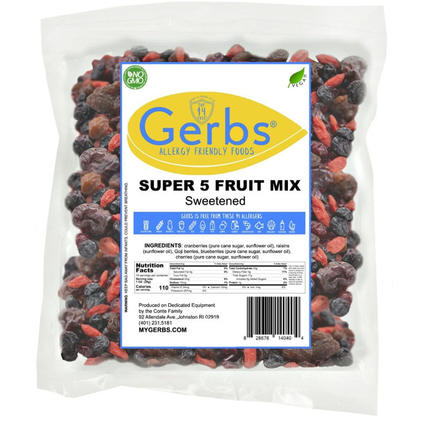 Gerbs Super 5 Dried Fruit Snack Mix 14 Oz. Premium  Top 14 Food Allergy   Resealable Bulk Bag  Made In Usa  Dried Blueberry Cranberry Cherry Raisin Goji Berries Trail Mix  Gluten Peanut