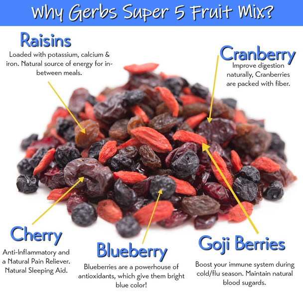 Gerbs Super 5 Dried Fruit Snack Mix 14 Oz. Premium  Top 14 Food Allergy   Resealable Bulk Bag  Made In Usa  Dried Blueberry Cranberry Cherry Raisin Goji Berries Trail Mix  Gluten Peanut