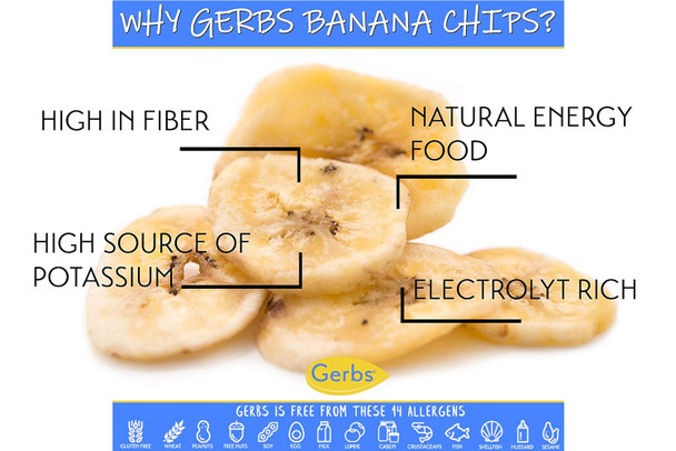 Gerbs Sweetened Banana Chip Slices 14 Ounce  Freshly Sealed In Re-Closeable Bag  Top 14 Food Allergy   Sulfur Dioxide   Source Of Potassium & Magnesium  Gluten, Peanut, Tree Nut