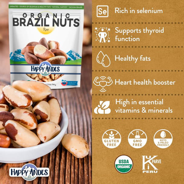 Happy Andes Real Organic Brazil Nuts 1.75 Lbs -Non-Gmo, Raw Whole Nuts,Vacuum Sealed, Resealable Bag, Low Carb, Keto Friendly, Vegan Snack, Unsalted, Natural Snack
