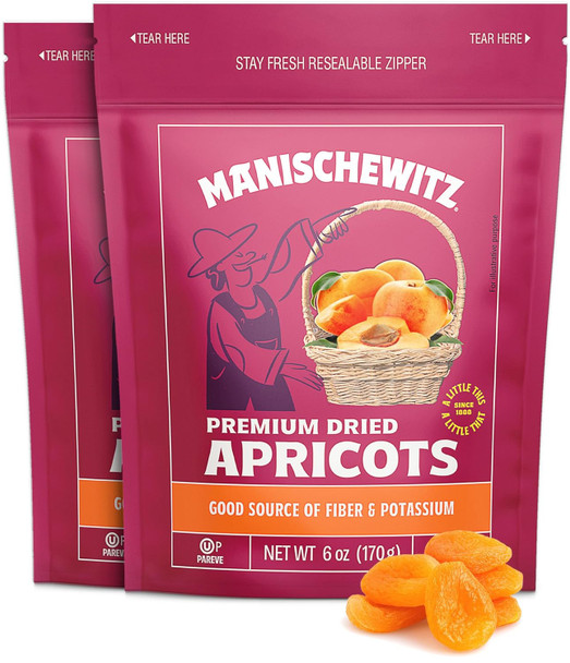 Manischewitz Premium Dried Apricots 6Oz (2 Pack) "Resealable Bag", Gluten , No Sugar Added, Good Source Of Fiber, Kosher