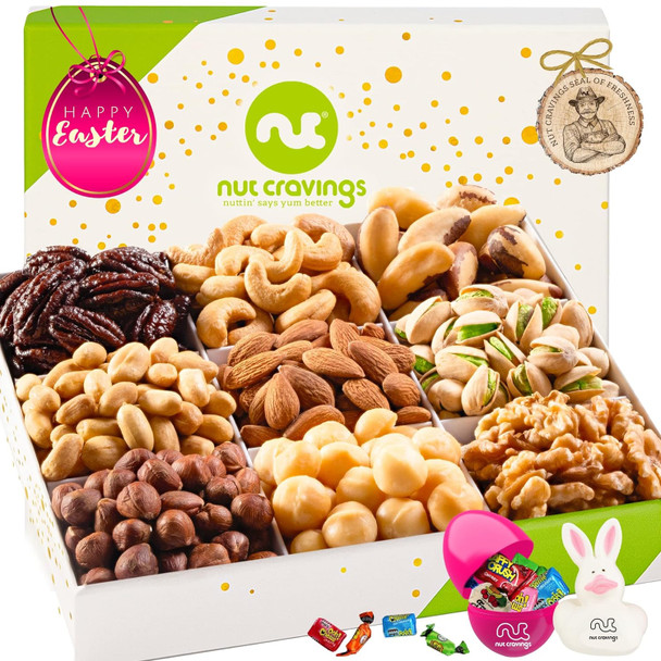 Nut Cravings Gourmet Collection - Easter Candies & Mixed Nuts  Basket With Happy Easter Ribbon (9 Piece Assortment) Candy Filled Egg + Bunny Stuffer, Healthy Kosher Snack Box