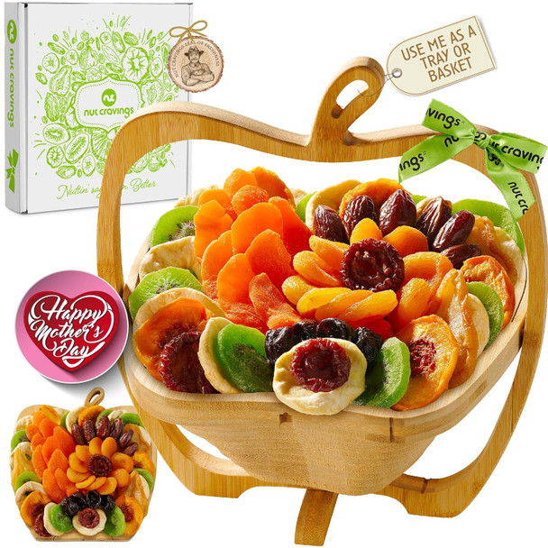 Nut Cravings Gourmet Collection - Mothers Day Dried Fruit Wooden Apple-Shaped  Basket + Tray (9 Assortment) Flower Arrangement Platter With Green Ribbon - Healthy Kosher Usa Made
