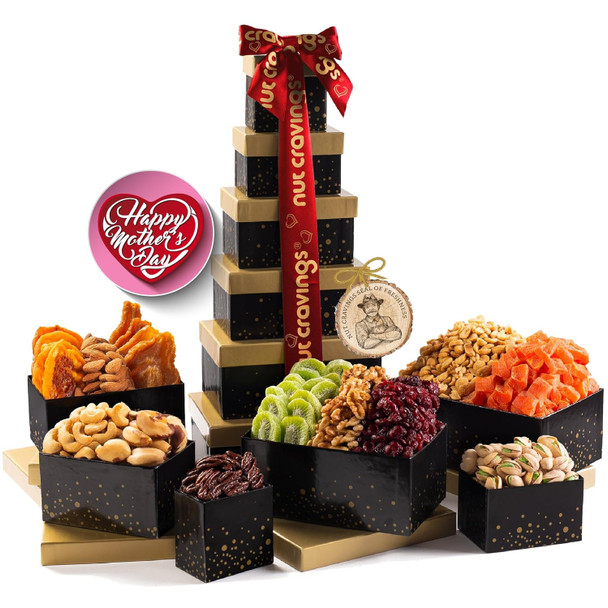 Nut Cravings Gourmet Collection - Mothers Day Mixed Nuts  Basket Black Tower + Heart Ribbon (12 Assortments) Arrangement Platter, Birthday Care Package - Healthy Kosher Usa Made Nut Cravings Gourmet Collection - Mothers Day Mixed Nuts  Basket Black Tower + Heart Ribbon (12 Assortments) Arrangement Platter, Birthday Care Package - Healthy Kosher Usa Made