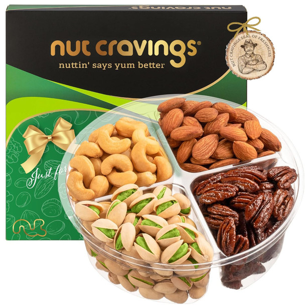 Nut Cravings Gourmet Collection - Mothers Day Mixed Nuts  Basket In Green Gold Box (4 Assortments) Arrangement Platter, Birthday Care Package - Healthy Kosher Usa Made