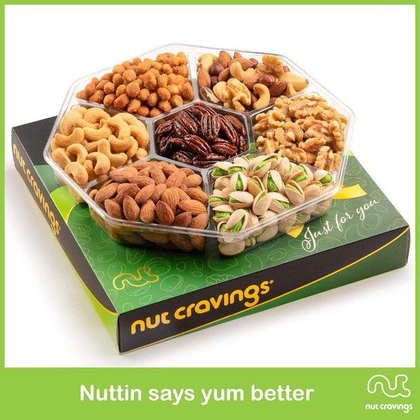 Nut Cravings Gourmet Collection - Mothers Day Mixed Nuts  Basket In Green Gold Box (7 Assortments, 1 Lb) Arrangement Platter, Birthday Care Package - Healthy Kosher Usa Made