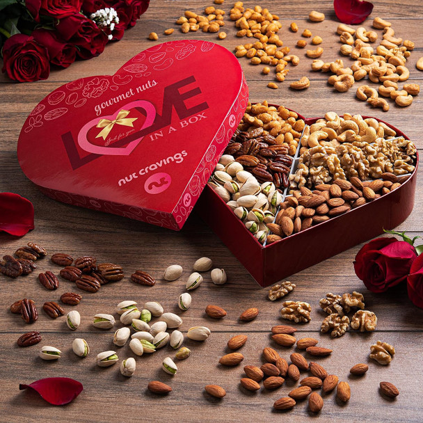 Nut Cravings Gourmet Collection - Mothers Day Mixed Nuts Heart Shaped  Basket, Love In A Box (6 Assortments) Romantic Arrangement Platter, Healthy Kosher Usa Made
