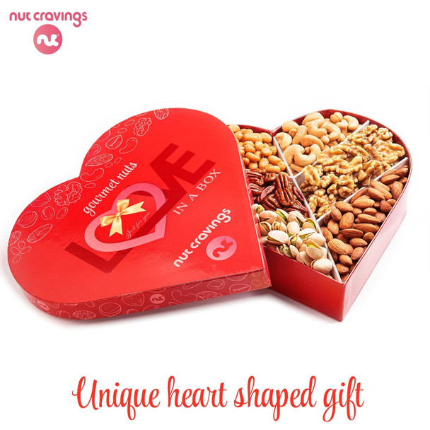 Nut Cravings Gourmet Collection - Mothers Day Mixed Nuts Heart Shaped  Basket, Love In A Box (6 Assortments) Romantic Arrangement Platter, Healthy Kosher Usa Made