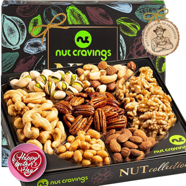 Nut Cravings Gourmet Collection - Mothers Day Nut Collection  Basket In Elegant Box (7 Assortments) Arrangement Platter, Birthday Care Package - Healthy Kosher Usa Made