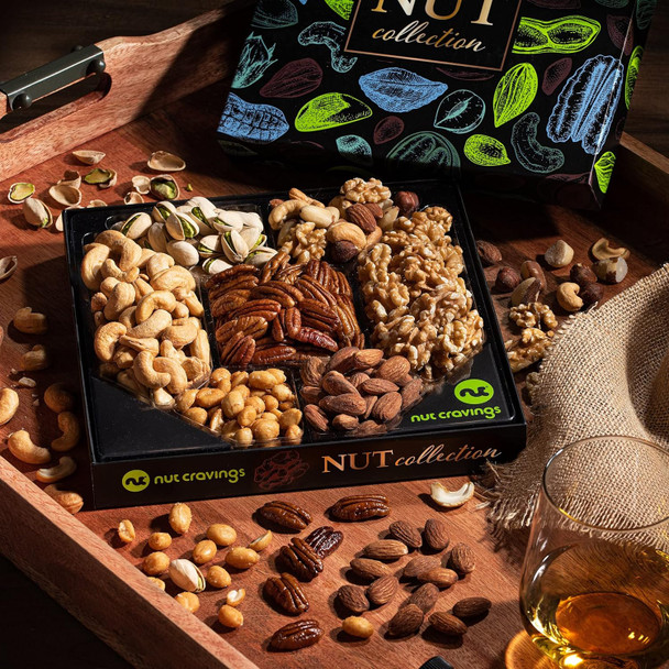 Nut Cravings Gourmet Collection - Mothers Day Nut Collection  Basket In Elegant Box (7 Assortments) Arrangement Platter, Birthday Care Package - Healthy Kosher Usa Made