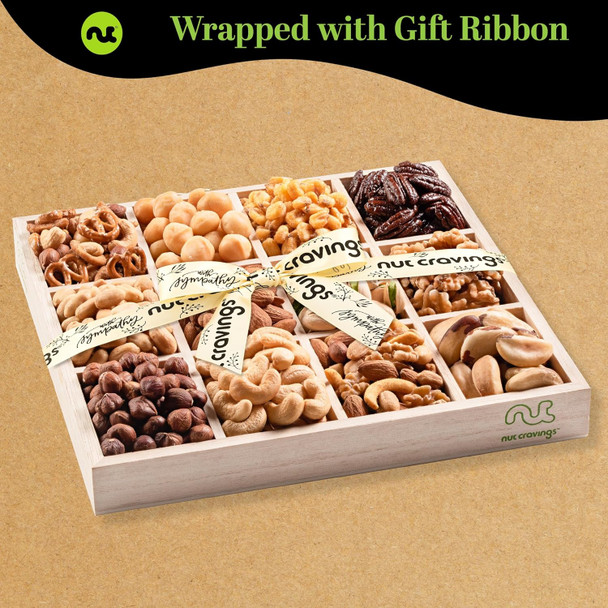 Nut Cravings Gourmet Collection - Sympathy Nuts  Basket With Sympathy Ribbon + Greeting Card In Reusable Wooden Tray (12 Assortments) Food Platter Condolence Care Package