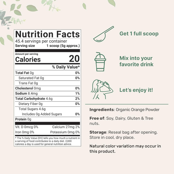 Organic Orange Powder, 8Oz  100% Natural Fruit Powder  Ze-Dried Oranges Source  No Sugar & Additives  Great Flavor For Drinks, Smoothie, & Beverages  Non-Gmo & Vegan Friendly