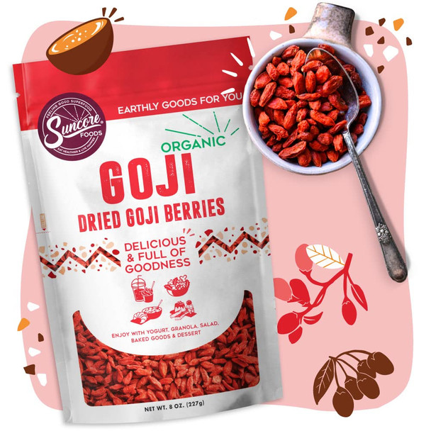 Suncore Foods Organic Dried Goji Berries, Gluten-, Non-Gmo, 8Oz (1 Pack)