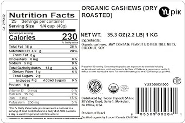 Yupik Dry Nuts, Roasted Organic Cashews, 2.2 Lb, Non-Gmo, Vegan, Gluten-, Pack Of 1 Yupik Dry Nuts, Roasted Organic Cashews, 2.2 Lb, Non-Gmo, Vegan, Gluten-, Pack Of 1