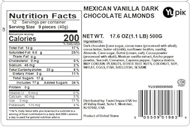 Yupik Mexican Vanilla Dark Chocolate Almonds, 1.1 Lb, Gourmet Snack Nuts, Dark Chocolate Covered Almonds, Vanilla, Spicy