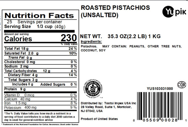 Yupik Nuts Unsalted Roasted Pistachios, 2.2 Lb, Pack Of 1