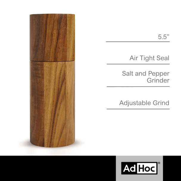 Adhoc Acacia Wood Salt & Pepper Mill - Adjustable Handheld Grinder For Salt & Pepper - Refillable Manual Grinder For Spices - Wood Spice Mill With Ceramic Grinder Mechanism