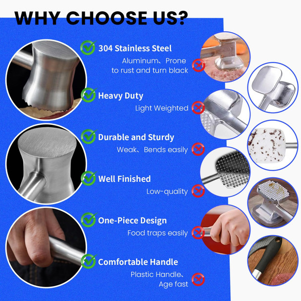 Aihomo 304 Stainless Steel Meat Tenderizer Mallet Dual Side Meat Hammer Chicken Pounder Heavy Duty Meat Beater For Steak And Beef Meat Pounder Kitchen Cooking Mallet Dishwasher Safe Aihomo 304 Stainless Steel Meat Tenderizer Mallet Dual Side Meat Hammer Chicken Pounder Heavy Duty Meat Beater For Steak And Beef Meat Pounder Kitchen Cooking Mallet Dishwasher Safe