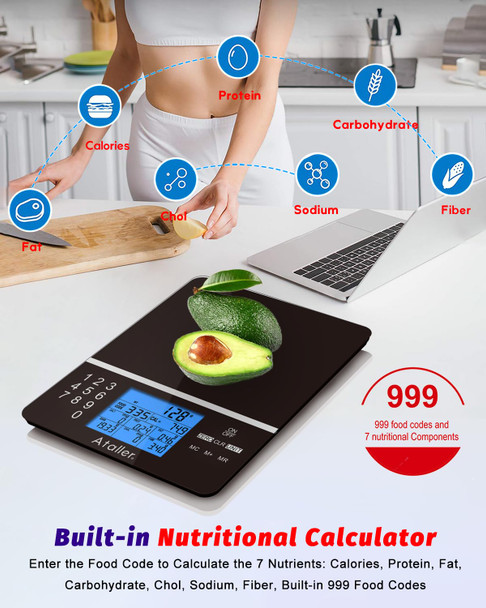 Ataller Ataller Food Scale With Nutritional Calculator Kitchen Diet Scale Digital Food Calorie Counting Scale For Meal Prep Kitchen Baking Weight Loss Resolution 1G Max 5Kg 11Ib Tempered  Black