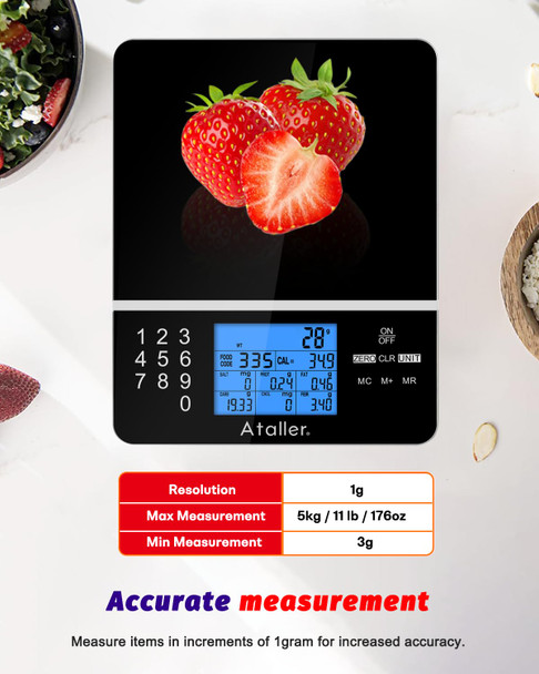 Ataller Ataller Food Scale With Nutritional Calculator Kitchen Diet Scale Digital Food Calorie Counting Scale For Meal Prep Kitchen Baking Weight Loss Resolution 1G Max 5Kg 11Ib Tempered  Black