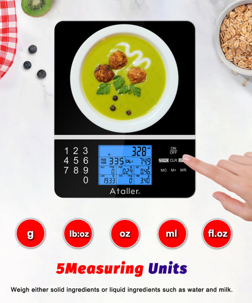 Ataller Ataller Food Scale With Nutritional Calculator Kitchen Diet Scale Digital Food Calorie Counting Scale For Meal Prep Kitchen Baking Weight Loss Resolution 1G Max 5Kg 11Ib Tempered  Black