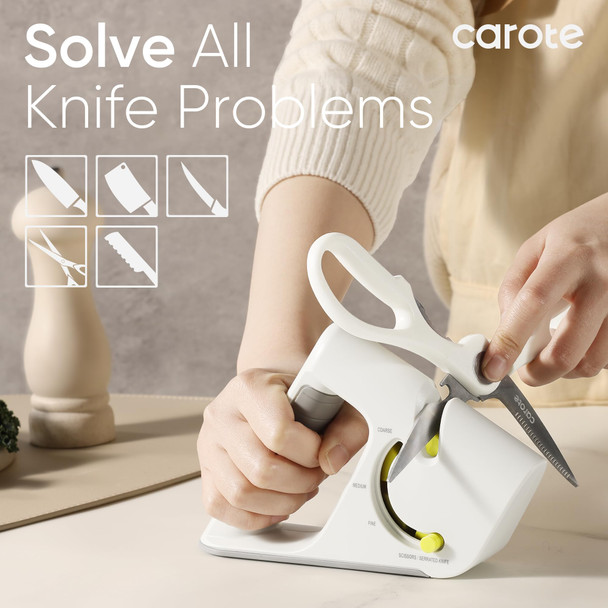 Carote 4-In-1 Knife Sharpener Pocket Knife Sharpener With A Non-Slip Base Scissor Sharpener For Chefs & Serrated & Paring Knives Compact For Easy Storage Light Grey