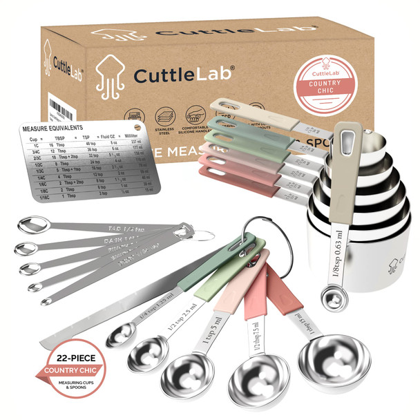 Cuttlelab 22-Piece Stainless Steel Measuring Cups And Spoons Set Tad Dash Pinch Smidgen Drop Mini Measuring Spoons Measuring Stick Leveler Measurement Conversion Chart Fridge Magnet (Country Chic)