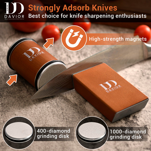 Davior Rolling Knife Sharpener Kit With Diamond Discs 15° & 20° Multi Angle Magnetic Knife Sharpener Roller Tool For Kitchen And Pocket Knives Finger Protector Leather Strop & Carry Bag