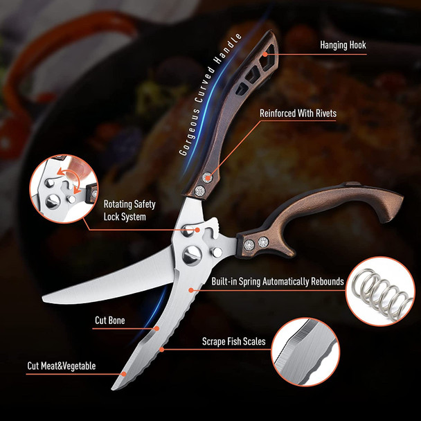 Dream Reach Heavy Duty Poultry Shears With Serrated Edge - For Chicken Bone Meat Turkey Fish - No Rust Spring Loaded Stainless Steel Kitchen Scissors