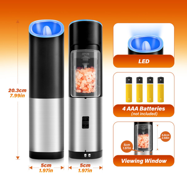 Healsmart Gravity Electric Salt And Pepper Grinder Set Of 2 Pack Adjustable Coarseness One Hand Automatic Shakers Mill Battery Powered With Led Light Brushed Stainless Steel Perfect For Kitchen Bbq