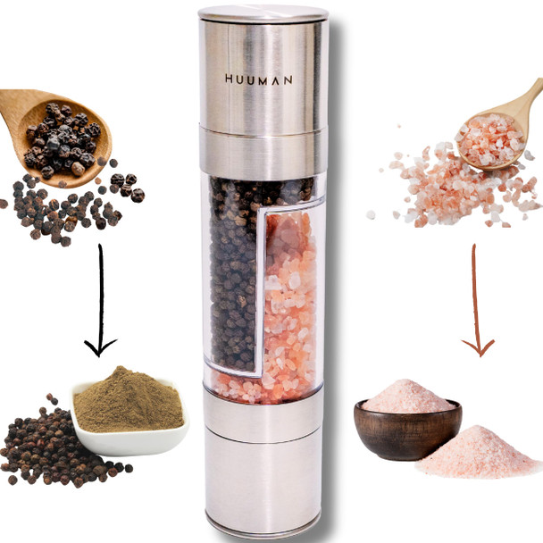 Huuman 2 In 1 Salt And Pepper Grinder - Manual Salt And Pepper Grinder Combo - Dual Stainless Steel Mill Shaker For Herb Pink Himalayan Salt Sea Salt Peppercorns Spice Grinder Set For Kitchen