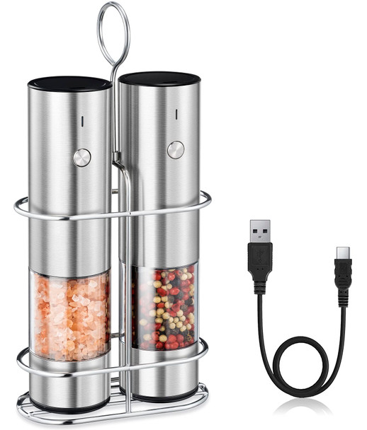 Ktkudy Rechargeable Electric Salt And Pepper Grinder Set With Holder - Nicely Packaged able - No Battery Needed - Automatic Pepper Mill & Adjustable Coarseness & Led Light Refillable - Stainless Steel