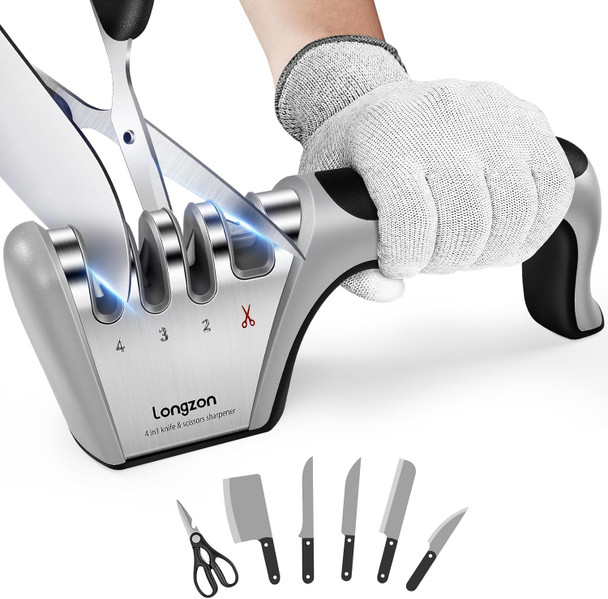 Longzon 4-In-1 Knife Sharpener [4 Stage] With A Pair Of Cut-Resistant Glove Original Premium Polish Blades Best Kitchen Knife Sharpener Really Works For Fruit Knife And Steel Knives Scissors
