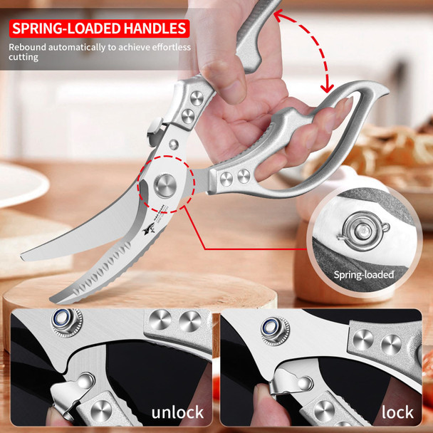 Mad Shark Heavy Duty Poultry Shears Kitchen Shears With Non-Slip Handle & Safety Lock All Purpose Kitchen Scissors For Chicken Meat Cutting Turkey Fish Vegetables Spring Loaded Dishwasher Safe