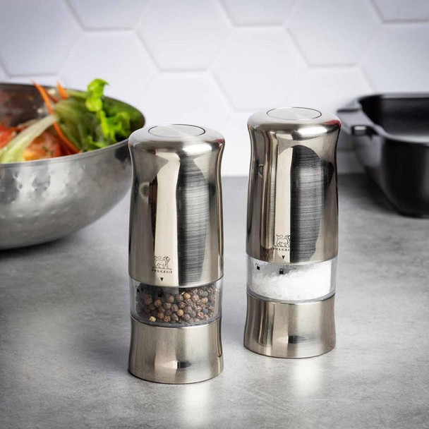 Peugeot - Zeli Electric Salt And Pepper Mill Set - Adjustable Grinder Battery Powered - With Light Abs With Brushed Metal Look 5.5 Inches
