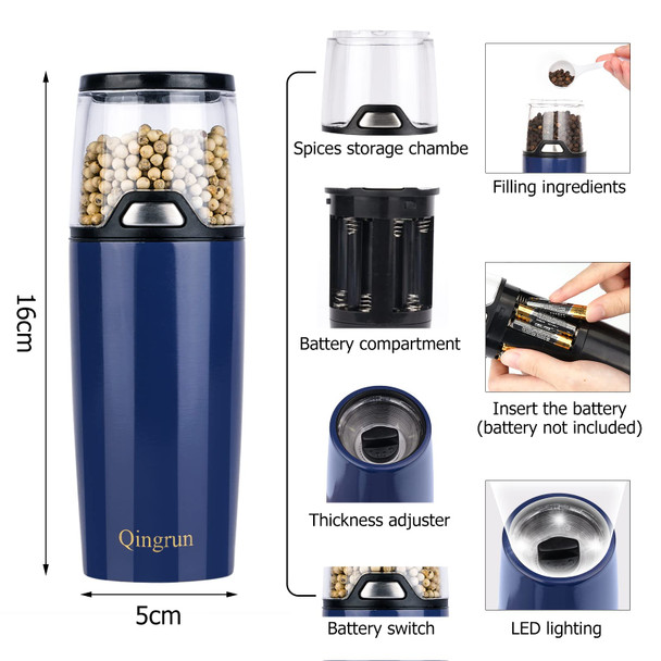 Qingrun Electric Salt Or Pepper Grinder Is Provided With Button Control For Pepper Grinder Battery-Powered Pepper Mill One-Hand Operation And White Light.Adjustable Roughness Pepper Grinder.Blue Qingrun Electric Salt Or Pepper Grinder Is Provided With Button Control For Pepper Grinder Battery-Powered Pepper Mill One-Hand Operation And White Light.Adjustable Roughness Pepper Grinder.Blue