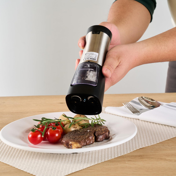 Restaurantware Met Lux 2 In 1 Salt And Pepper Grinder 1 Automatic Salt And Pepper Shaker - Battery-Powered With Led Light 1 Black Plastic Automatic Spice Grinder For Kitchen Or Restaurant