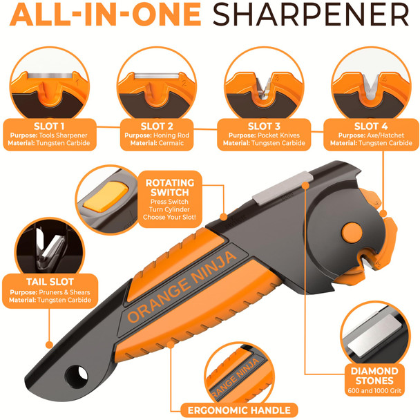 Sharp Pebble Orange Ninja 7-In-1 Garden Tool & Knife Sharpener – Sharpens Lawn Mower Blades Axe Hatchet Machete Pruner & Hedge Shears – Repairs & Hones Edges By Sharp Pebble