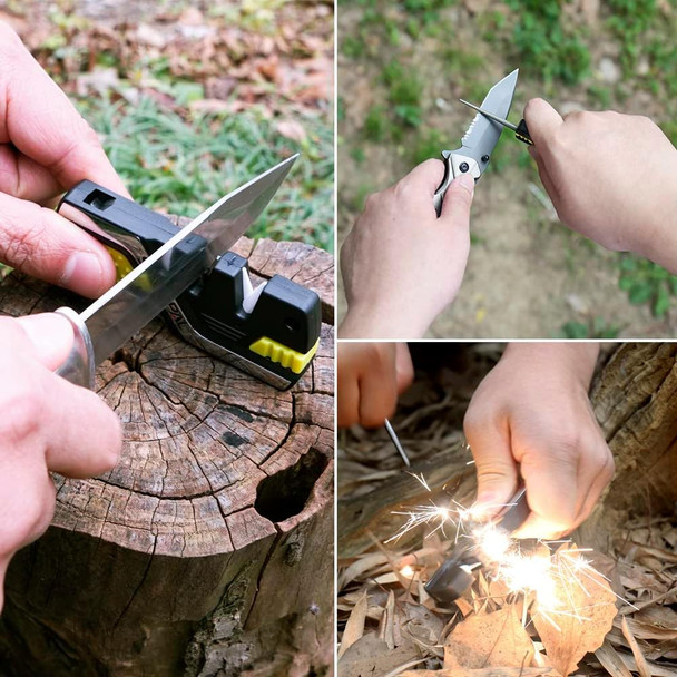Sharpal 101N-G Kitchen Pocket Knife Sharpener Survival Camping Tool With 2 Fire Starters Ferro Rod Whistle & Diamond Sharpening Rod For Straight And Serrated Blade