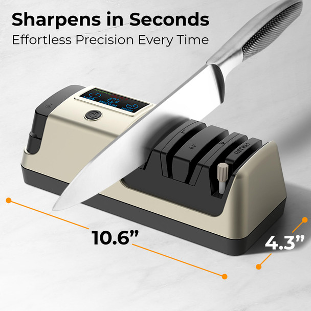 Stellagro Knife Sharpener 5-In-1 Adjustable Speed Lcd Display Professional Electric Knife Sharpener For Quick Sharpening & Polishing Ceramic Rod With Scissors Sharpener Light Gold