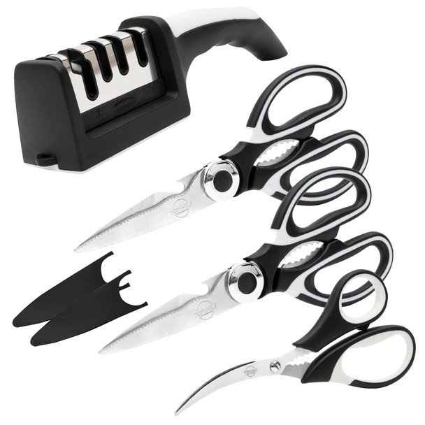Topshelf Kitchenware Heavy Duty Kitchen Shears With Knife And Scissor Sharpener Tool - Multipurpose Stainless Steel Scissors For Food - Sharp Food-Grade Kitchen Scissor For Meat Seafood Poultry - 4 Piece Set