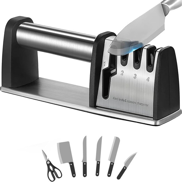 Wattlink 4-In-1 Professional Knife And Scissors Sharpener Manual Kitchen Sharpening Tool 8.5 Inch Length